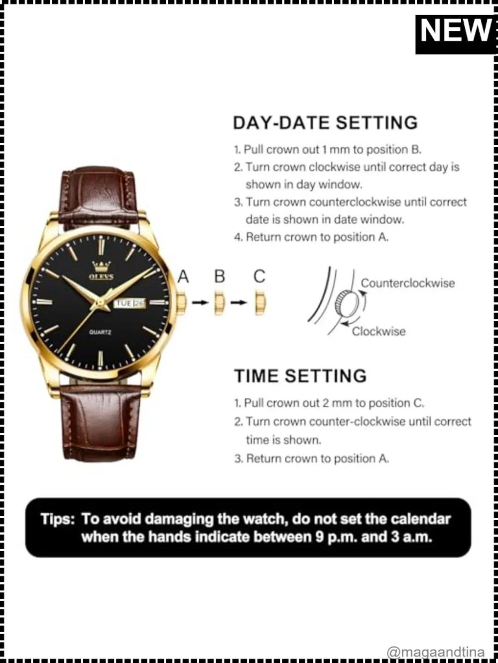 Men's Leather Stainless Steel Watch Day Date Waterproof Luminous Quartz
